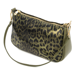 Avella bolso bandolera mujer, de piel auténtica Gamuza lacada con estampado de animal print leopardo, Dollaro.