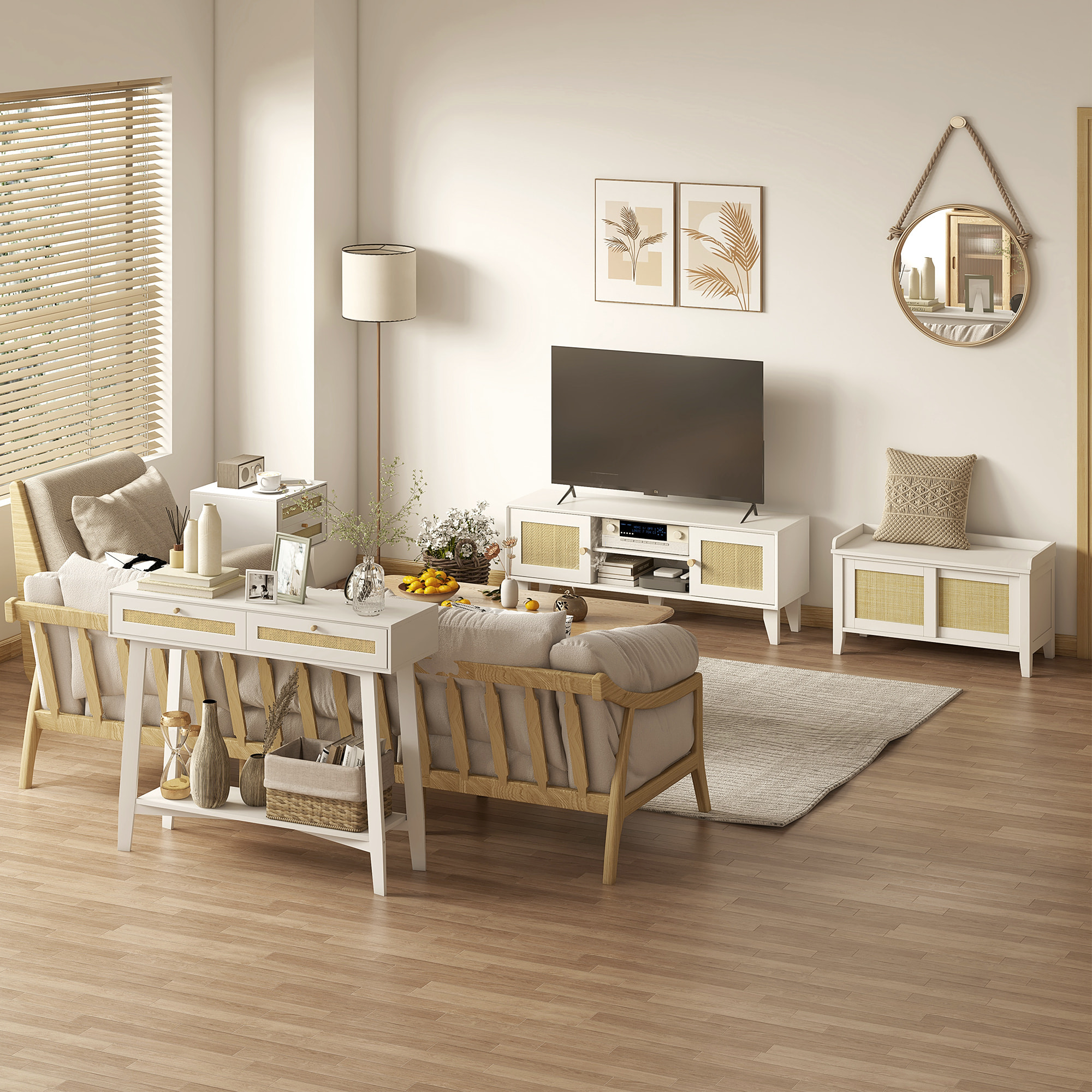 Conjunto para el Hogar Incluye 1 Mueble de TV 1 Mesa Consola 1 Banco Zapatero con Asiento y 1 Mesita Auxiliar con Elemento de Ratán Estilo Bohemio Blanco