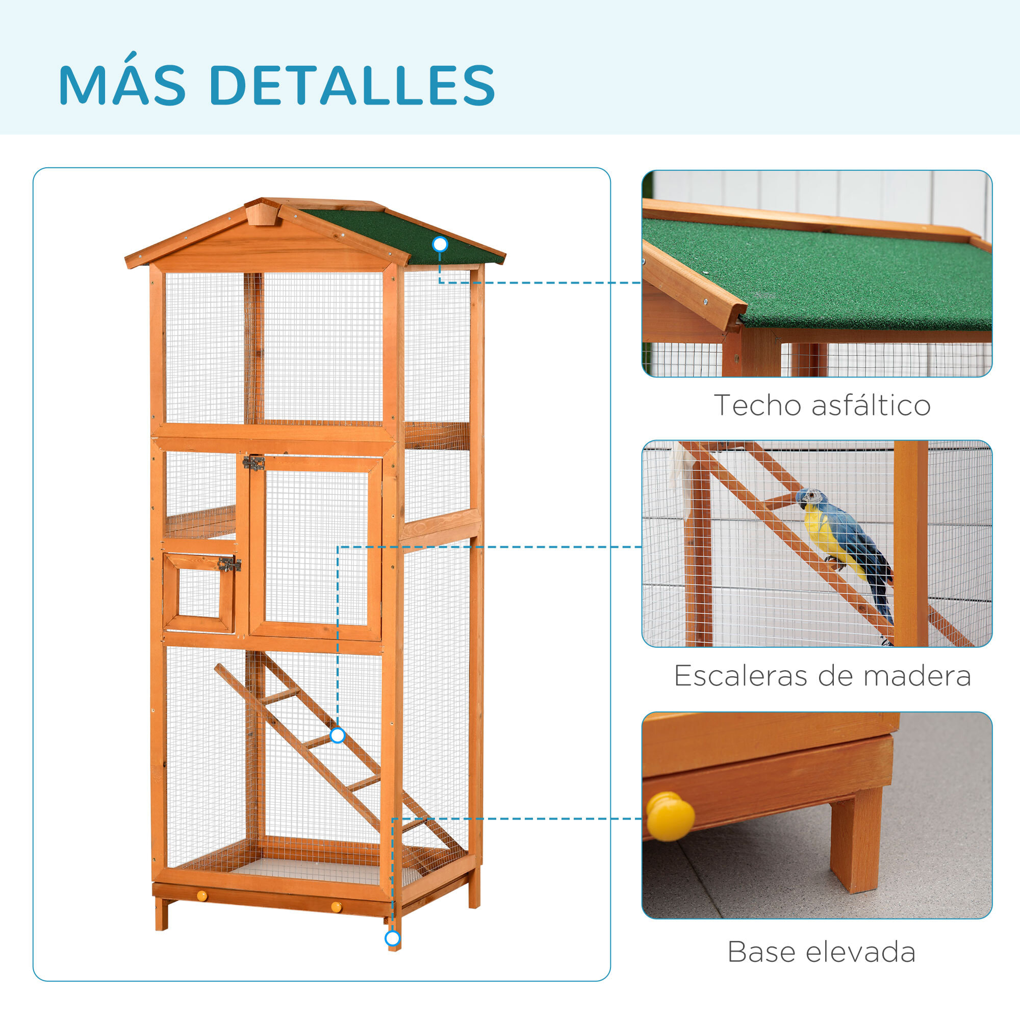 Jaula para Pájaros de Madera con Bandeja Extraíble Techo Asfáltico 68x63x165 cm