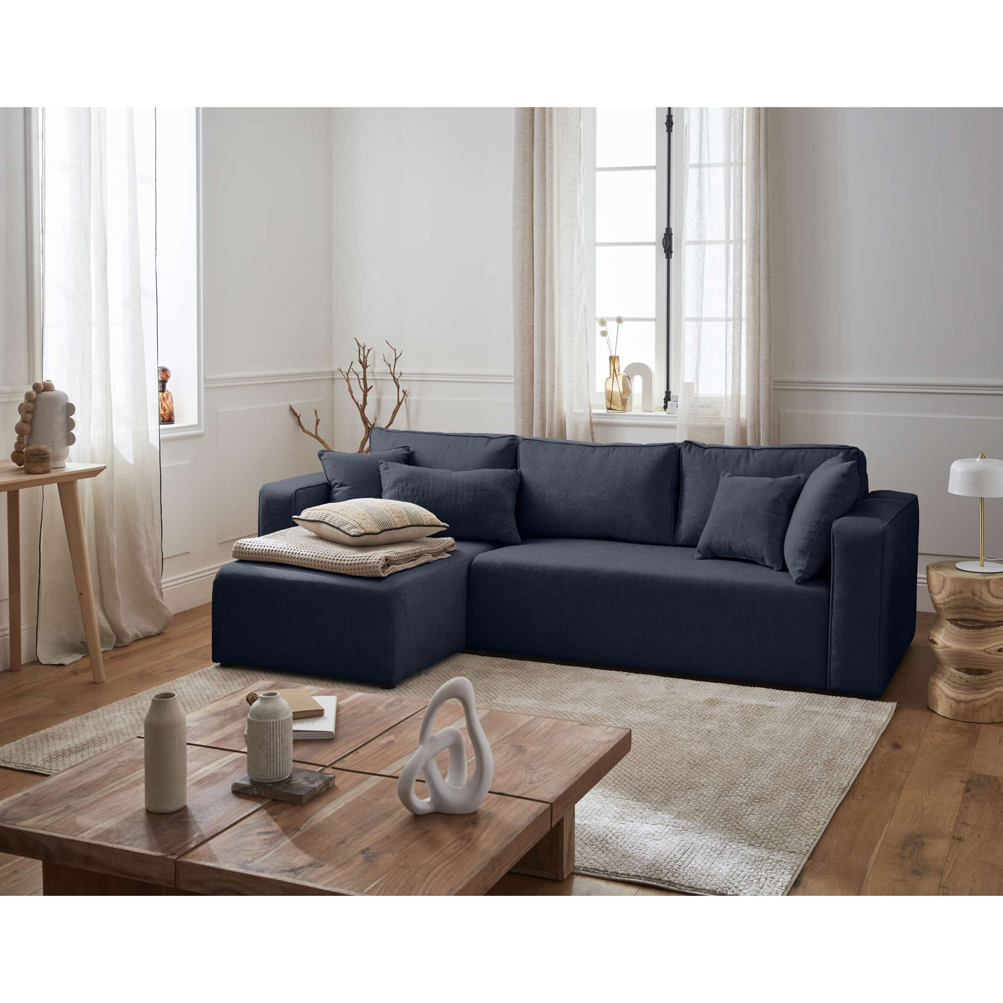 Topaze - canapé d'angle réversible - 4 places - convertible avec coffre - en tissu - Bleu