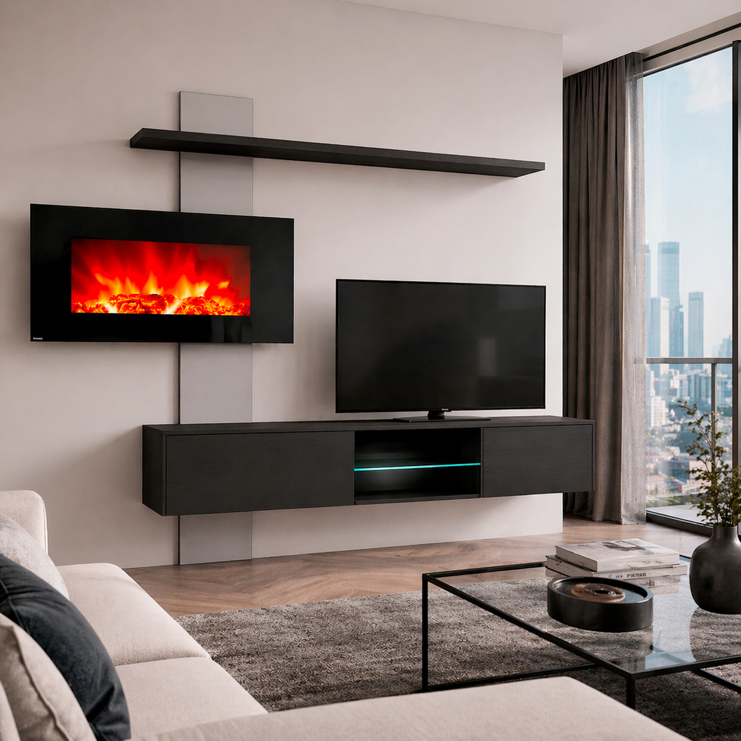 Parete Attrezzata Soggiorno Mobile Tv Biocamino Led Mensola Design Living Arredo Casa Contenitore Vetro Push Click 250 x 170 x 40 Cm Nero E Grigio