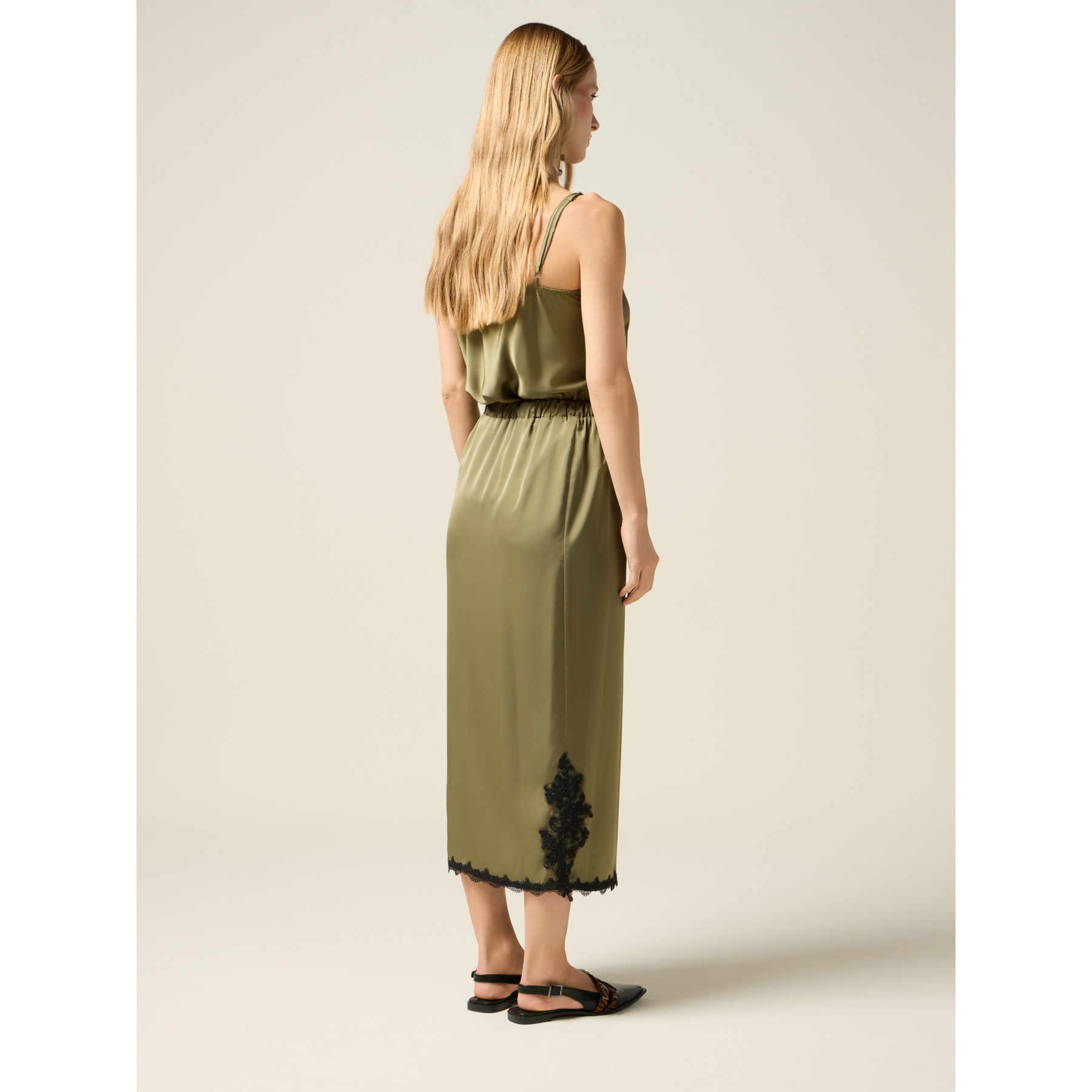 Oltre - Gonna tubino midi in raso con pizzo - Verde