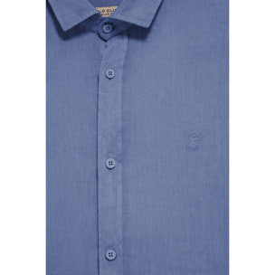 Camisa azul royal de lino garment dye con monograma bordado