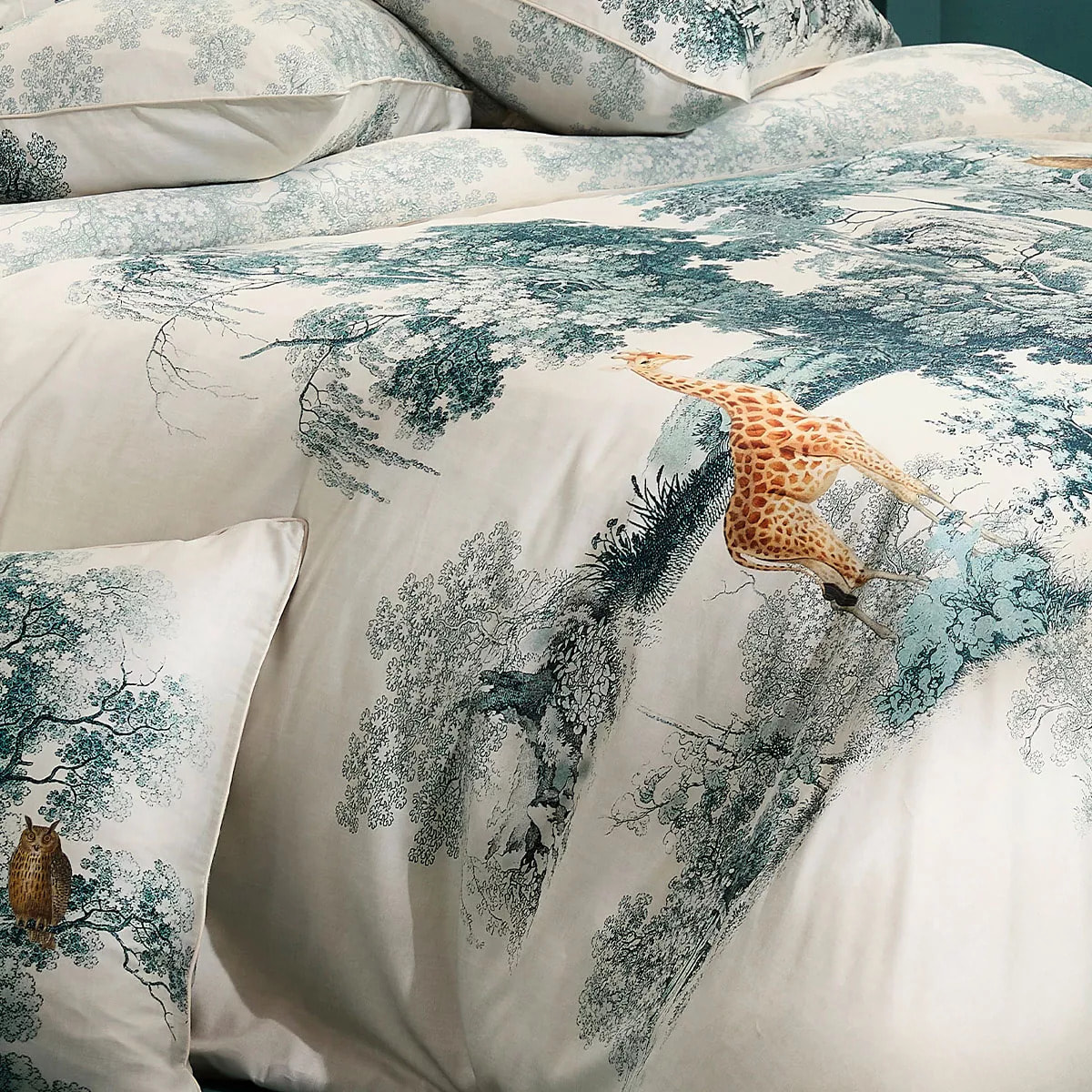 Housse de couette satin de coton 115 g/m² imprimé bleu beige Utopie encre