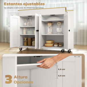 Isla de Cocina con Ruedas, Encimera Extensible, Carro de Cocina con 4 Puertas, Estantes Ajustables, Estantería Lateral Abierta, Especiero y Soporte para Toallas, para Comedor, Blanco