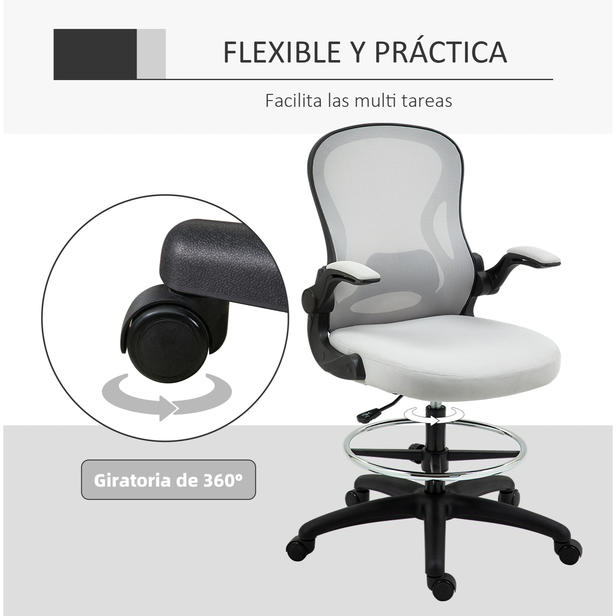 Silla de Dibujo Giratoria Silla de Escritorio Silla Alta con Respaldo Medio Soporte Lumbar Reposabrazos Abatibles Altura Ajustable Carga 120 kg 59x65x102-122 cm Gris Claro