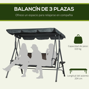 Columpio de Jardín de 3 Plazas Banco Balancín para Exterior con Toldo Ajustable Asiento de Ratán 2 Portavasos 2 Bandejas y Marco de Acero para Terraza Patio 204x112x150 cm Gris