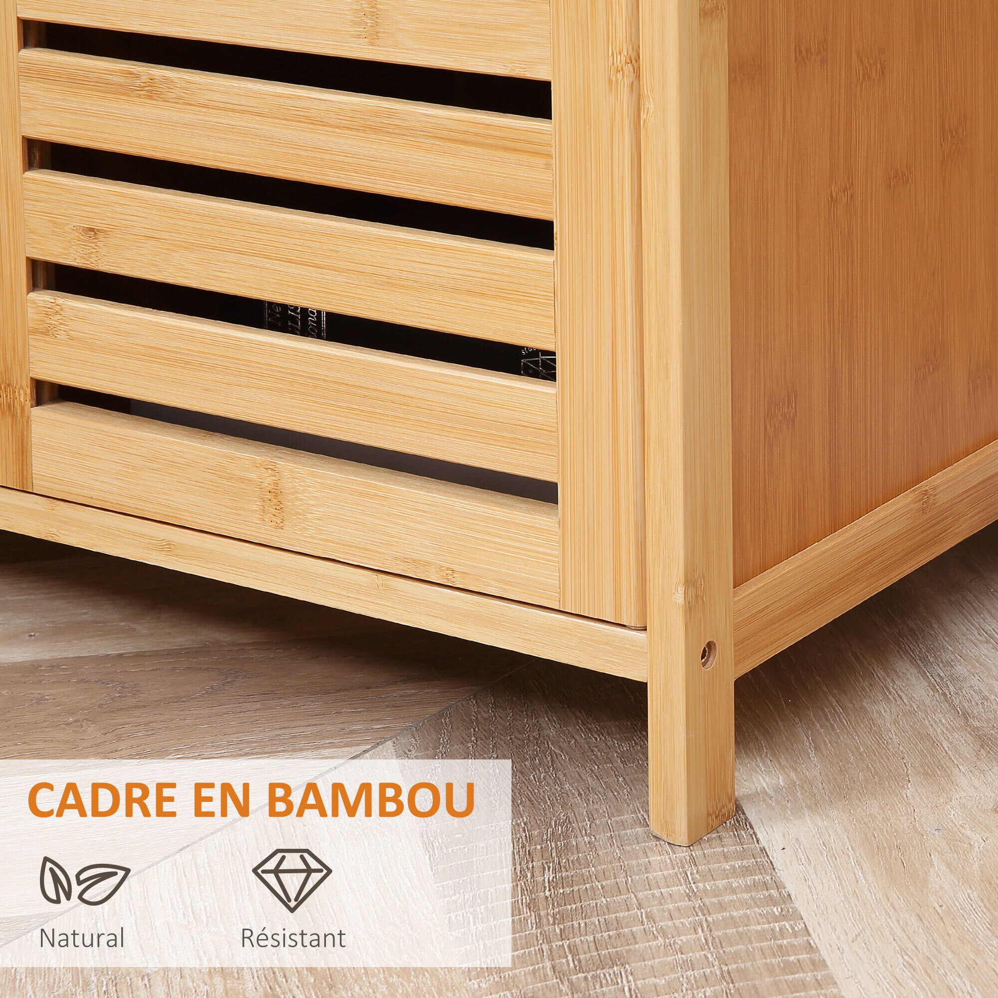 Buffet meuble de rangement bois bambou à lattes style naturel - 3 portes, 4 étagères