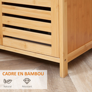 Buffet meuble de rangement bois bambou à lattes style naturel - 3 portes, 4 étagères