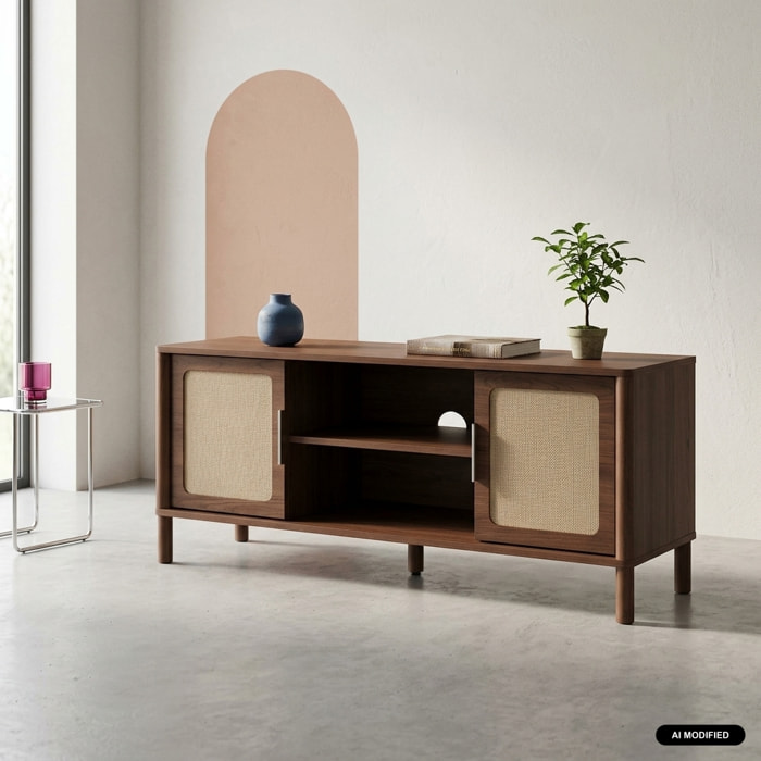 Meuble TV vintage décor bois et cannage 2 portes 120cm ETTA