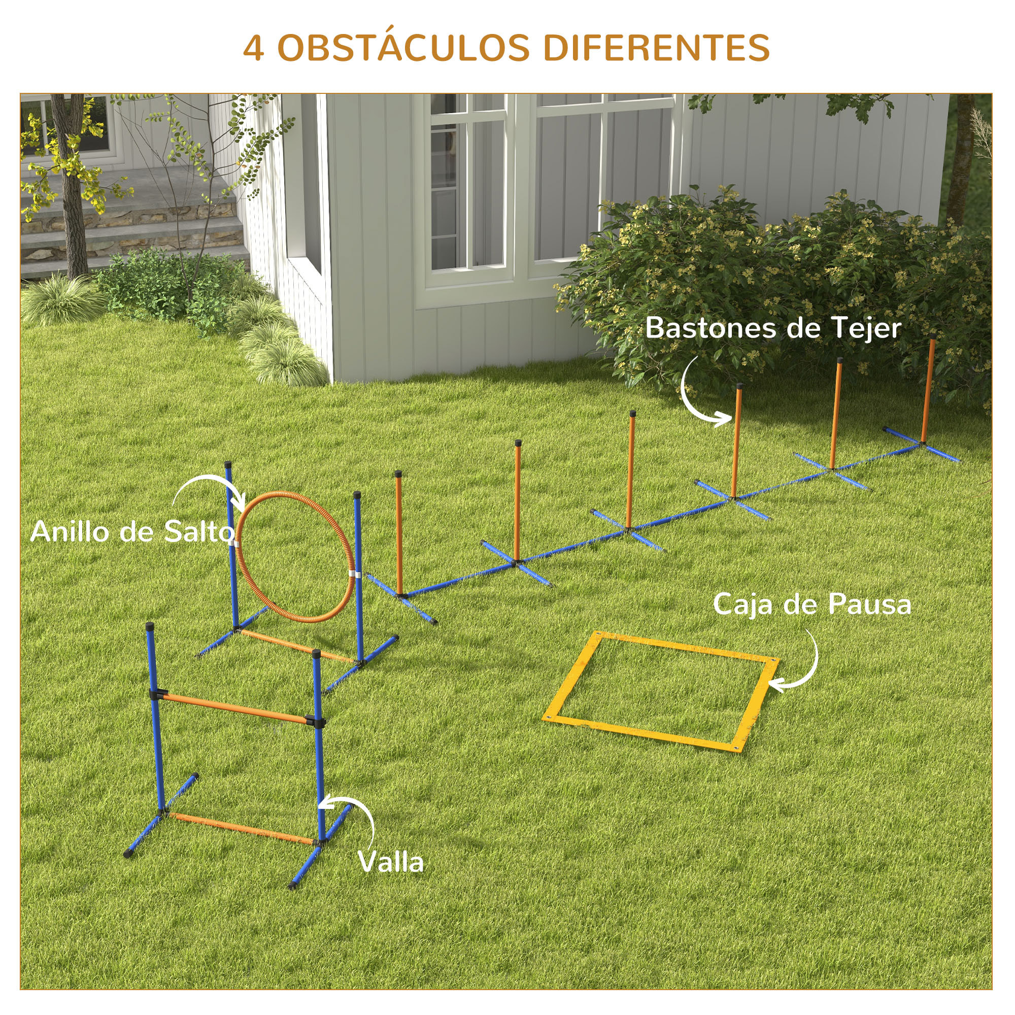 Set de Entrenamiento de Agilidad para Perros de 4 Piezas Juego de Agilidad para Perros con Piquetes para Slalom Zona de Reposo Valla y Anillo de Salto Naranja y Azul