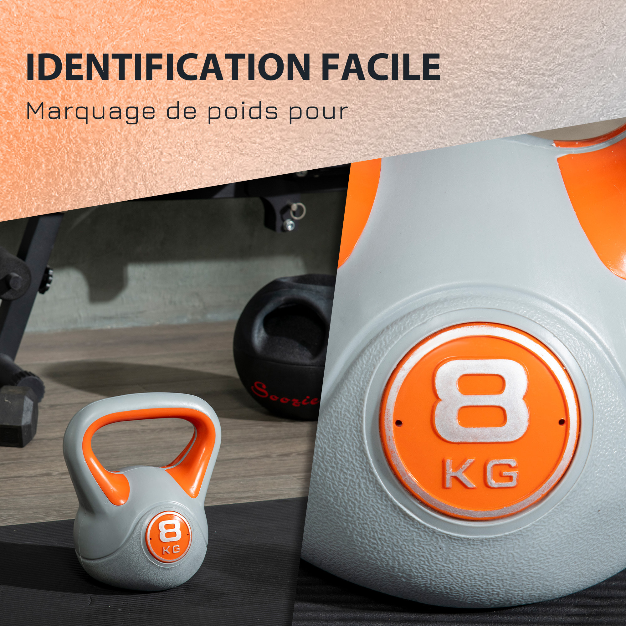 Kettlebell 8 Kg - haltère boule - poignée ergonomique - PU gris orange