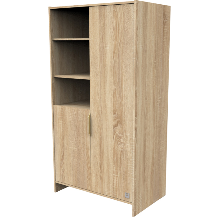 Armoire 2 portes et 3 niches avec poignées dorées décor chêne doré