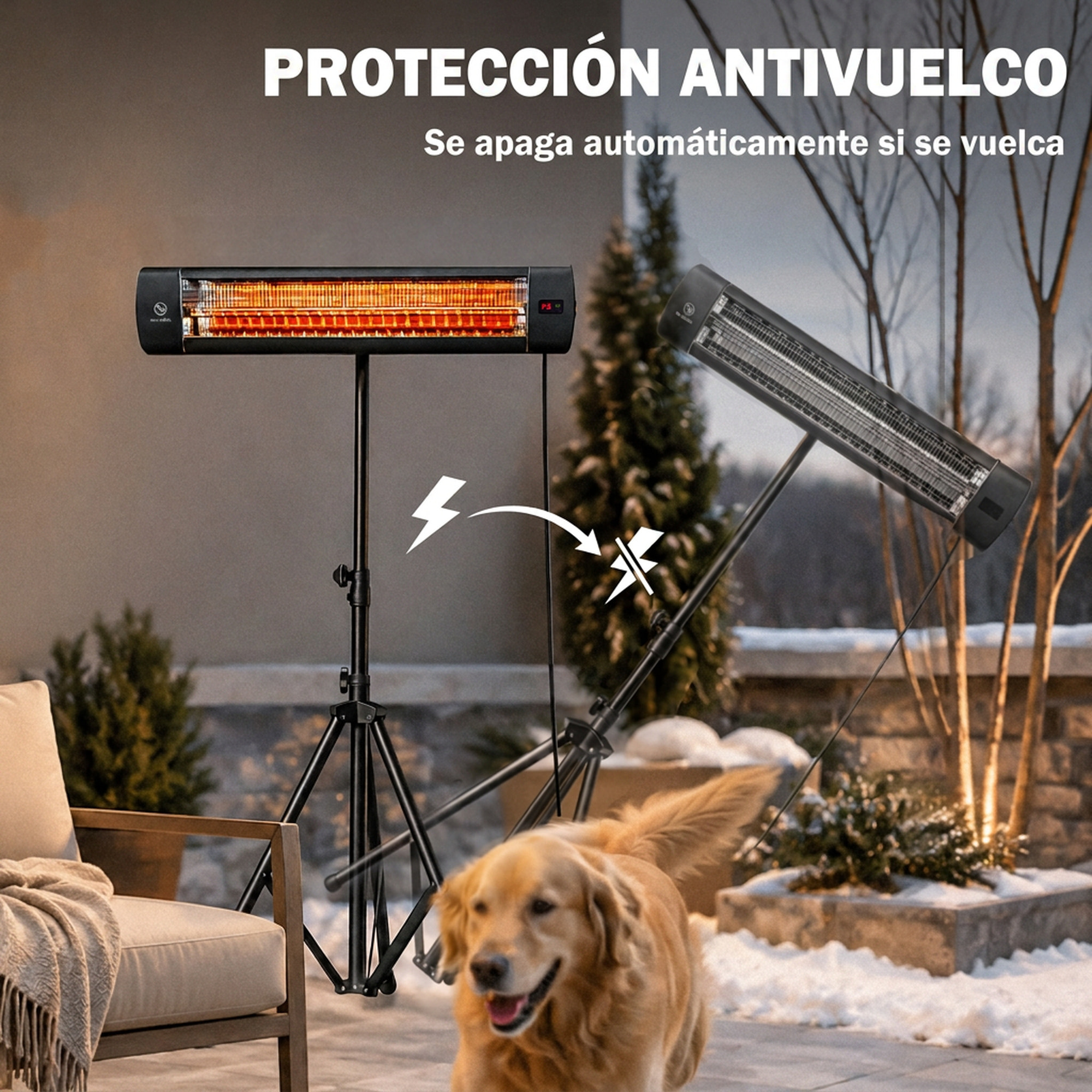 Calefactor por Infrarrojos para Terraza 2500 W, Estufa Exterior Eléctrica de Pie de Aluminio con IP65, Trípode Regulable, 3 Niveles de Calor, Control Táctil/Remoto, Temporizador 24 H