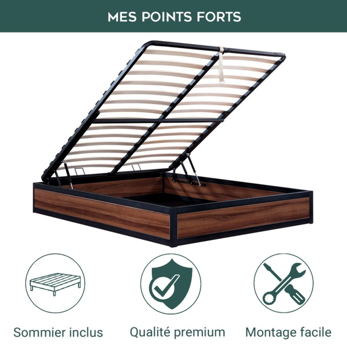 Ensemble lit coffre & matelas | Mémoire de forme, gel frais et mousse HD| Espace de Stockage jusqu'à 900 L | Robuste et Large Angle d’Ouverture | Bois et métal | Bois foncé