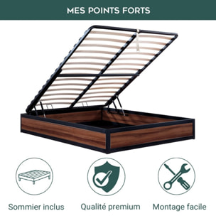 Ensemble lit coffre & matelas | Mémoire de forme, gel frais et mousse HD| Espace de Stockage jusqu'à 900 L | Robuste et Large Angle d’Ouverture | Bois et métal | Bois foncé