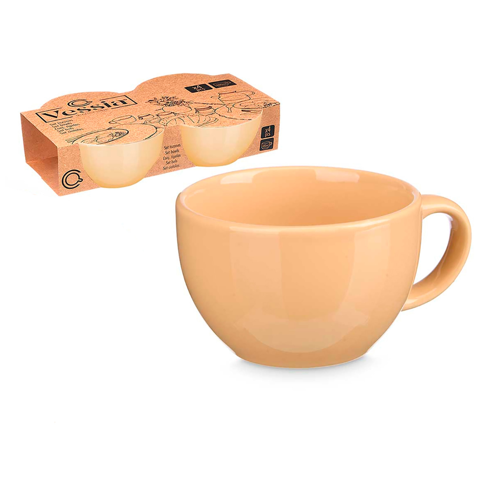 Set de 4 tazones beige de porcelana. 480 ml de capacidad.