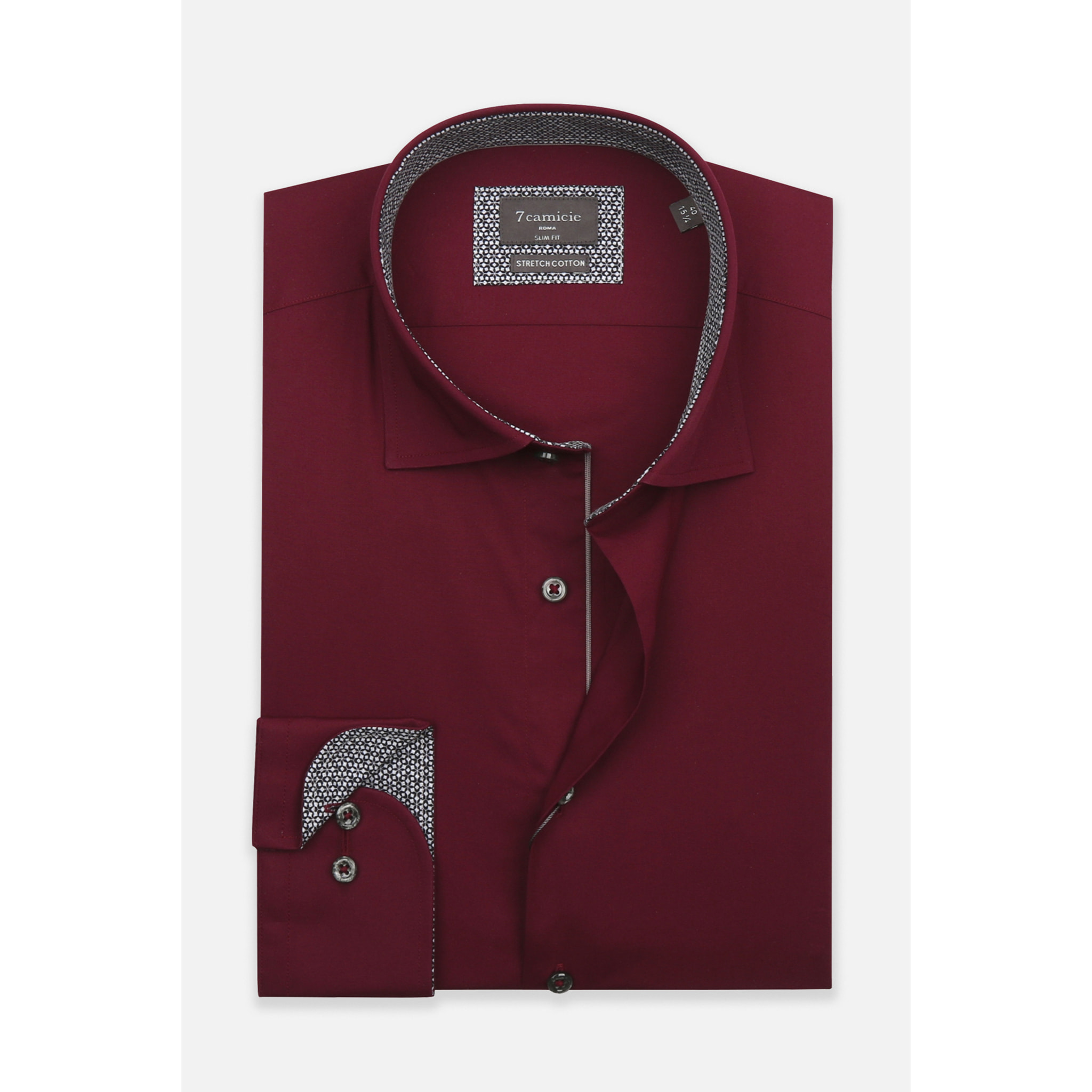 Camicia Uomo 1 Bottone Francese Slim Popeline Stretch Unito Bordeaux