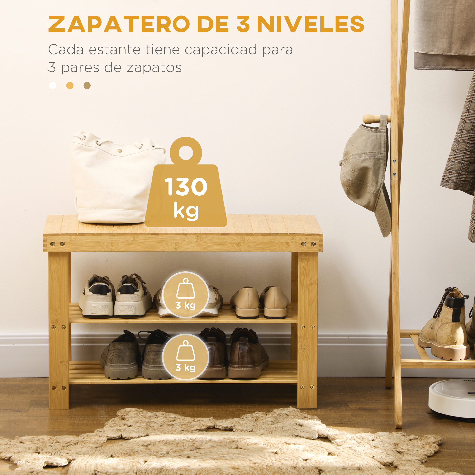 Banco Zapatero de Bambú Zapatero con Asiento Organizador de Zapatos de 3 Niveles para 6-9 Pares Zapatos para Entrada Salón Dormitorio 70x28x45 cm Natural