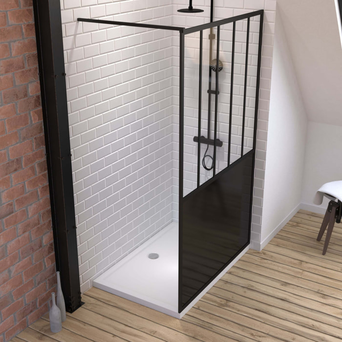 Pack Paroi de douche 120x200 cm noir mat - verre trempe 5mm + RECEVEUR A POSER RECTANGLE 120x80