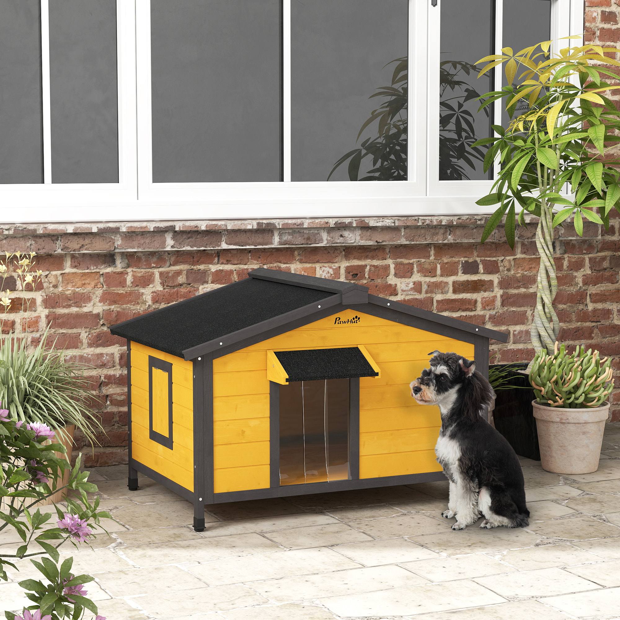 Caseta para Perros Exterior Casa para Perros Pequeños con Techo Asfáltico Abatible 2 Ventanas Puerta con Cortina y Base Extraíble 97x72x65 cm Madera Natural