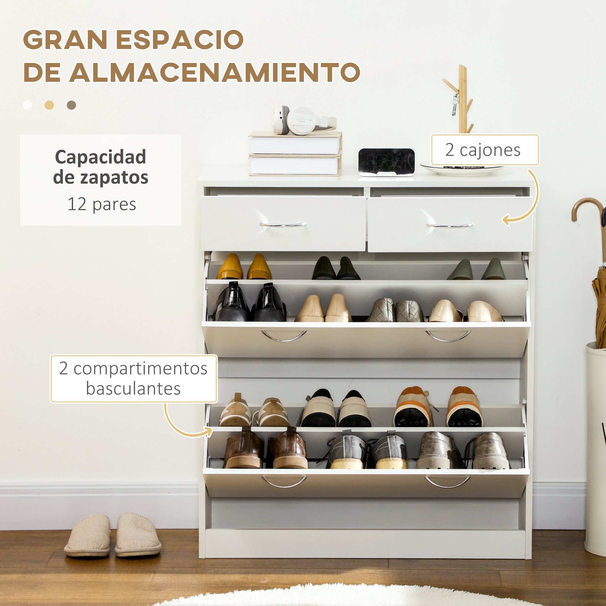 Mueble Zapatero Estrecho Zapatero Entrada Recibidor con 2 Cajones Abatibles y 2 Cajones Extraíbles para 12 Pares de Zapatos para Pasillo 80x30x91,5 cm Blanco