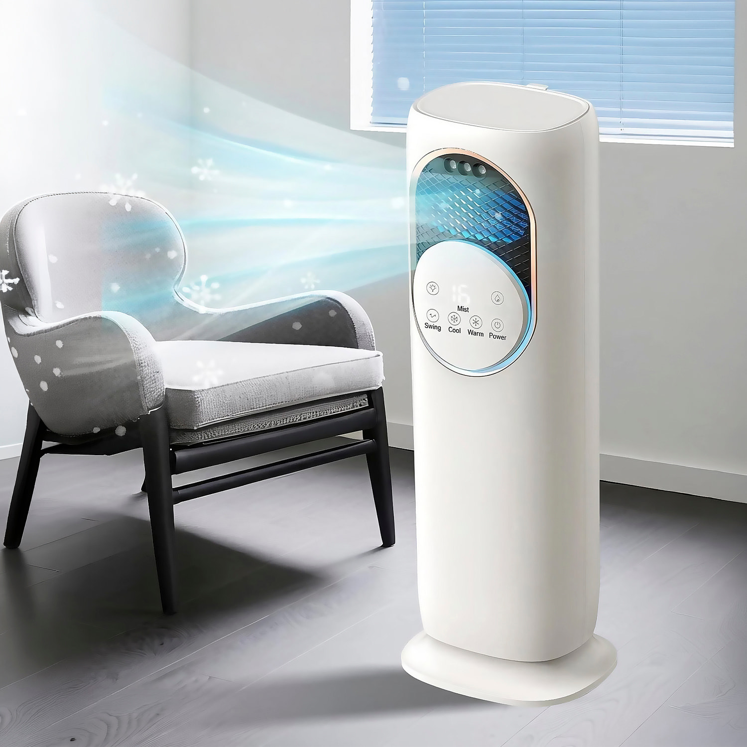 Climatizador multifunción sin aspas Q9, con calefacción y refrigeración. Con tanque de agua de 1,2L, pantalla táctil, luz esterilizadora y mando de control remoto.