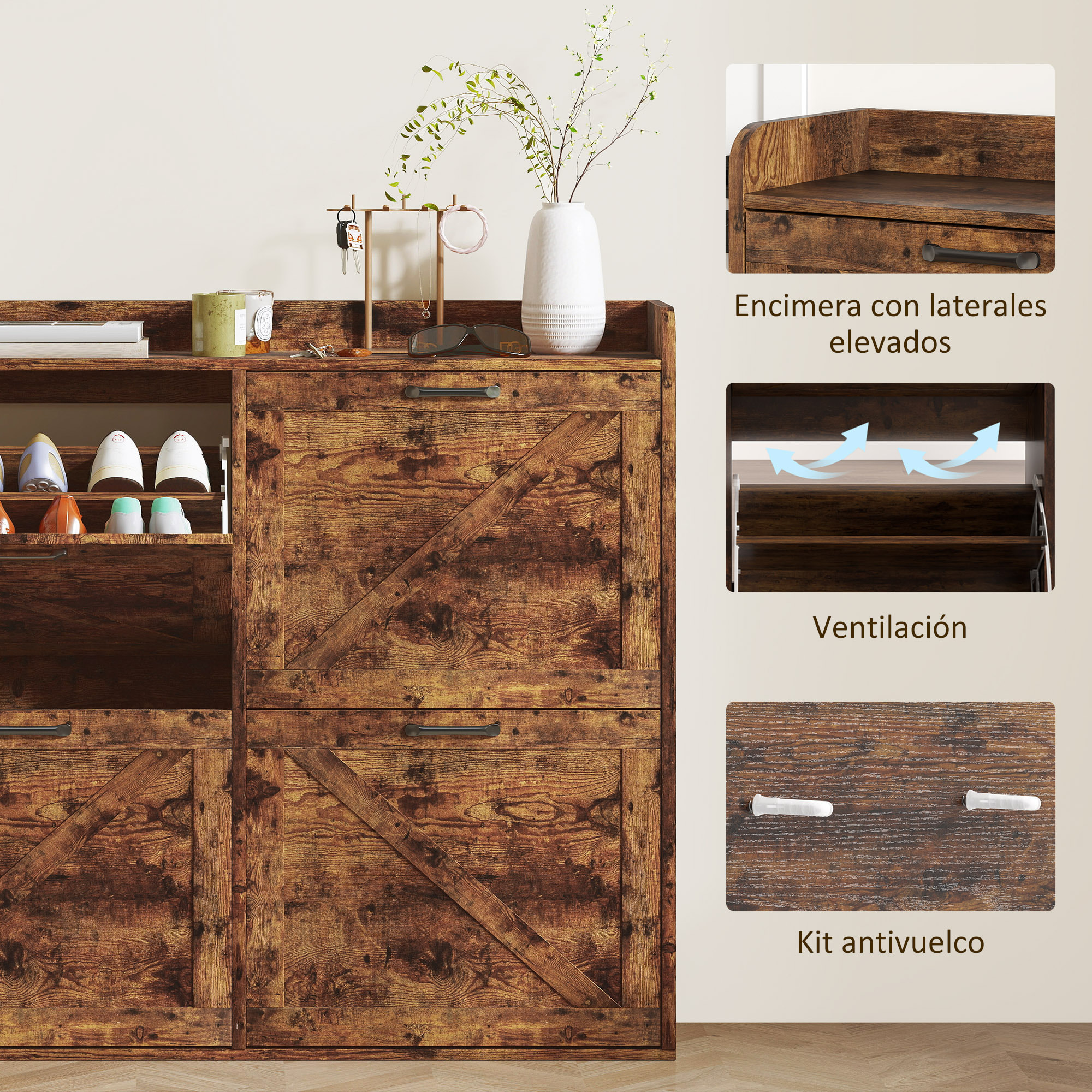 Mueble Zapatero de 4 Puertas Zapatero Estrecho con Estantes Ajustables Estilo Industrial para 24 Pares de Zapatos Mueble Auxiliar para Recibidor Entrada 120x24x103 cm Marrón Rústico