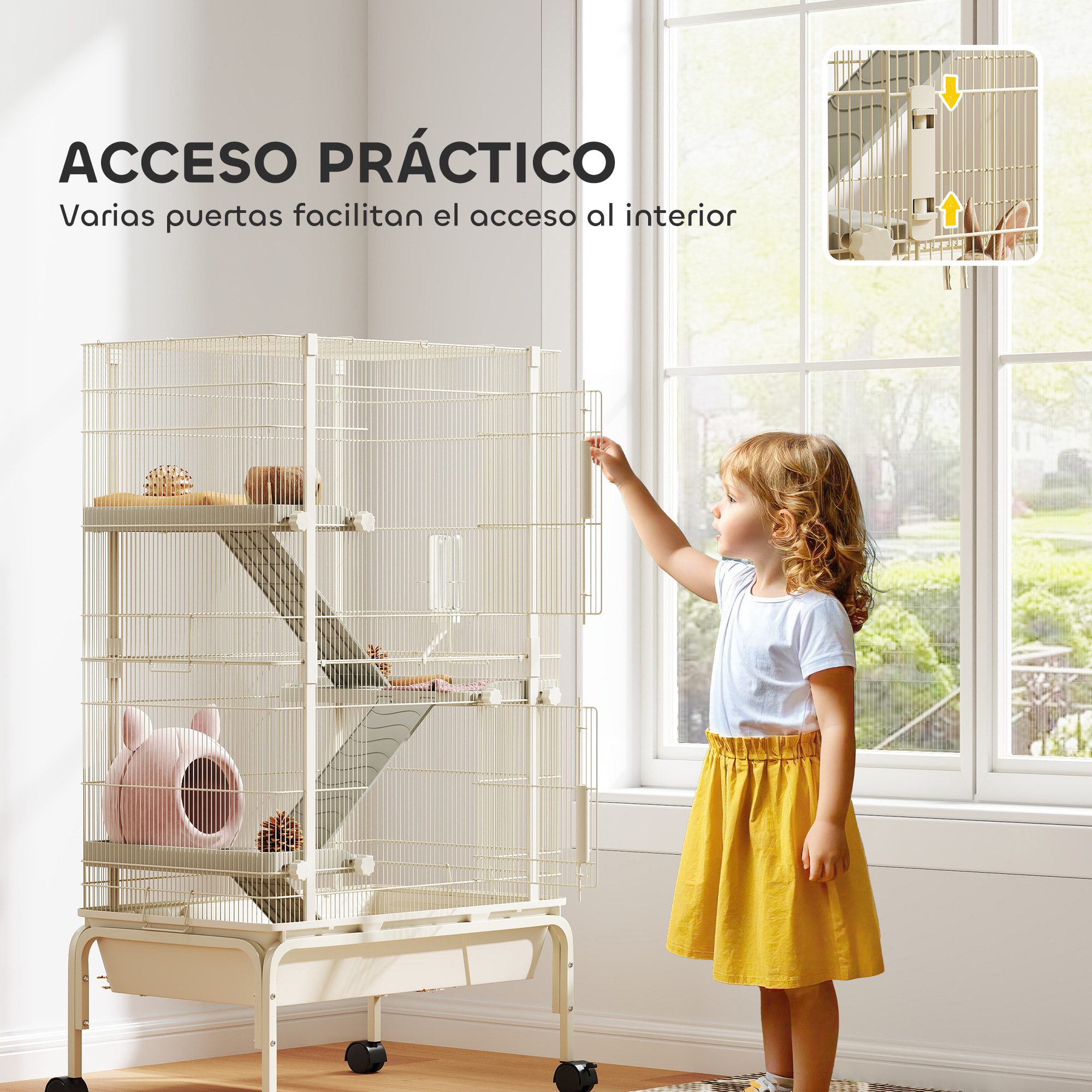 Jaula para Animales Pequeños de 4 Niveles Jaula para Roedores con Ruedas Rampas Cuenco Botella de Agua y Bandeja Extraíble Recinto para Conejos Chinchillas Hurones Cobayo 69x44x120 cm Beige