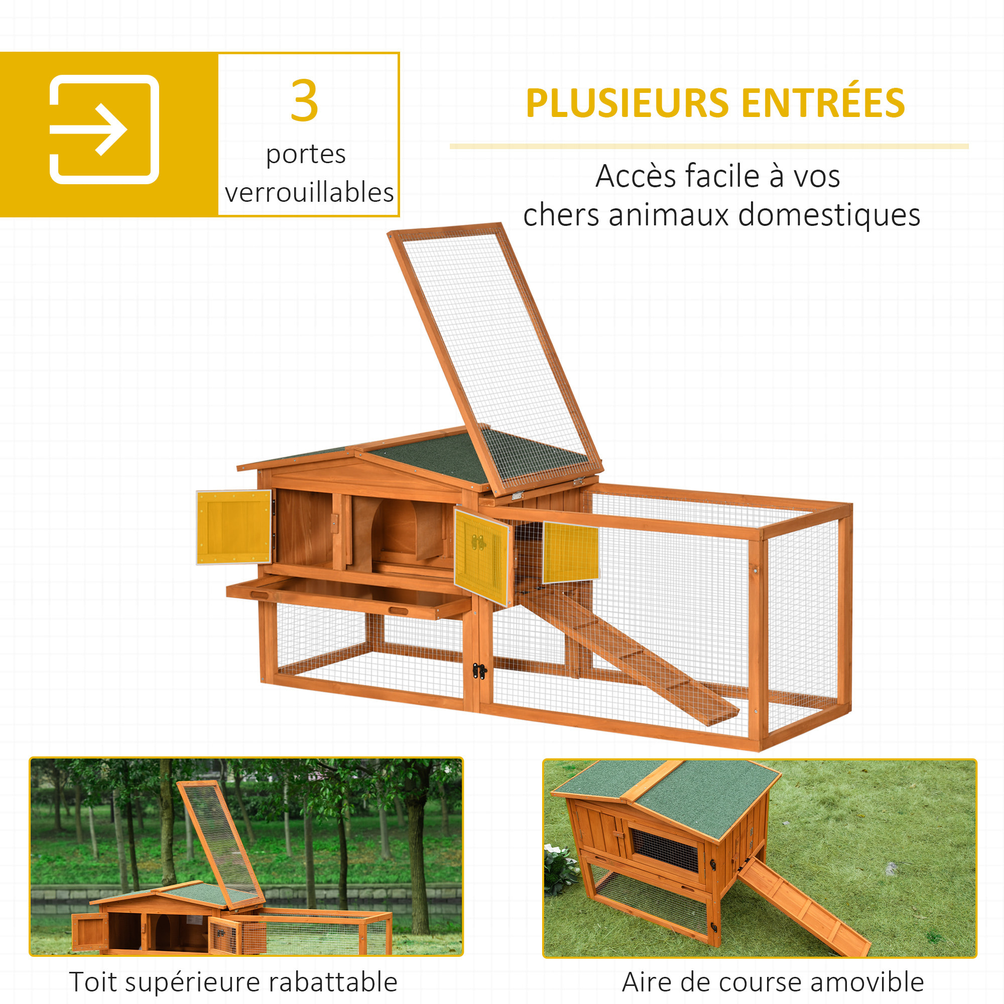 Clapier cage à lapins rongeurs 2 étages tiroir déjection enclos extérieur toit ouvrant dim. 156L x 58l x 68H cm bois sapin pré-huilé
