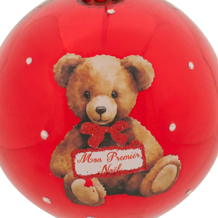 Boule verre ourson Mon Premier Noël D.8cm rouge