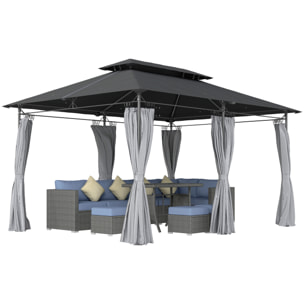 Cenador para Jardín 4x3 m Pérgola de Jardín Gazebo con Doble Techo Paredes Laterales Resistente al Agua Carpa para Exterior Terraza Patio Gris Oscuro