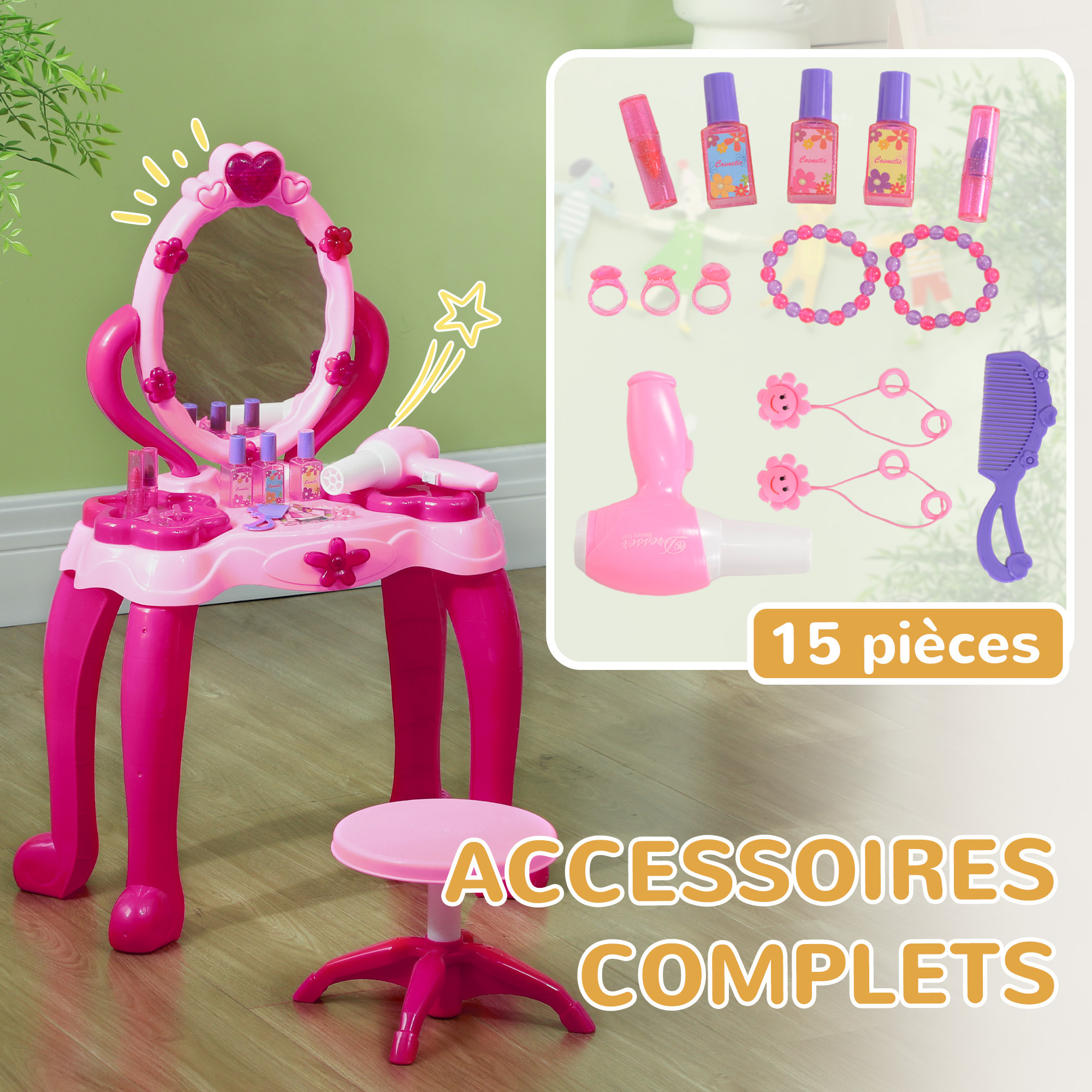 Ensemble coiffeuse tabouret enfant design - nombreux accessoires - effets lumineux sonores - rose