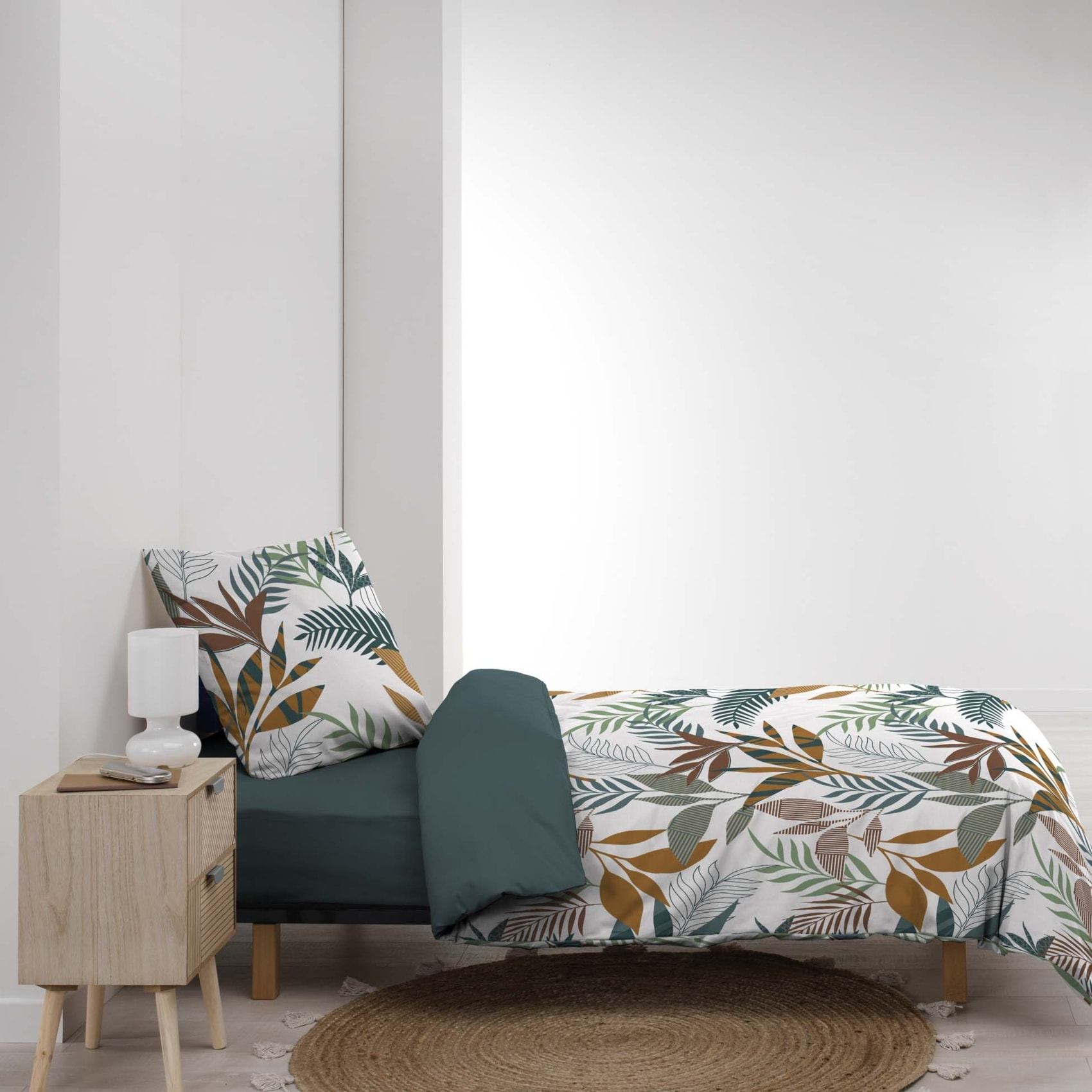 Parure de lit 2 pièces 100% coton à motifs végétaux housse + taie - Bleu