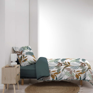 Parure de lit 2 pièces 100% coton à motifs végétaux housse + taie - Bleu