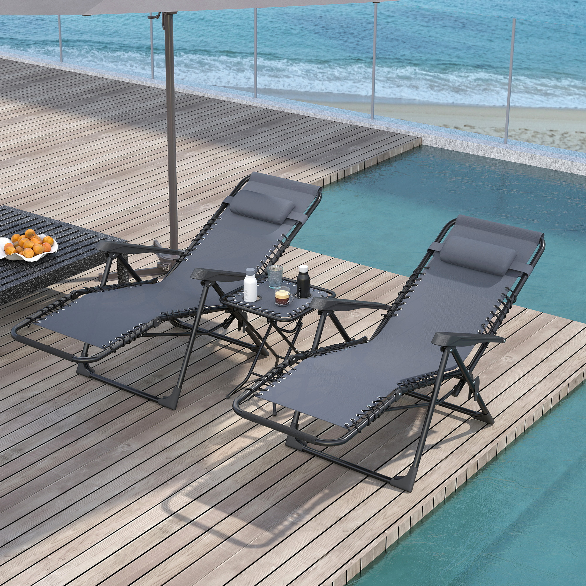 Set de 2 Tumbonas Jardín Exterior Plegables con Mesa Auxiliar Portavasos Tumbonas de Gravedad Cero con Respaldo Ajustable Reposabrazos Extraíble para Patio Piscina Terraza Exterior Gris