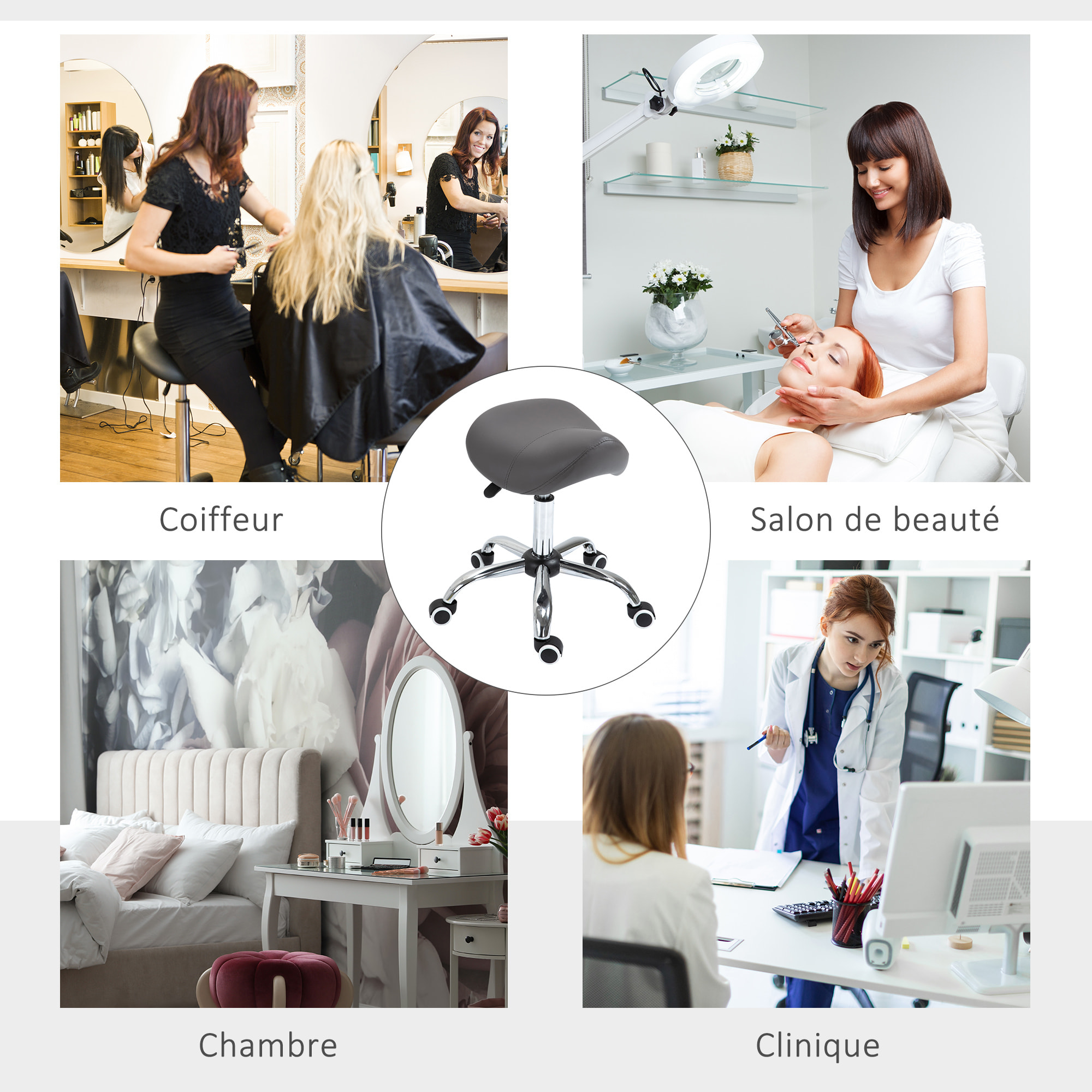 Tabouret de massage tabouret selle ergonomique pivotant 360° hauteur réglable revêtement synthétique gris chromé