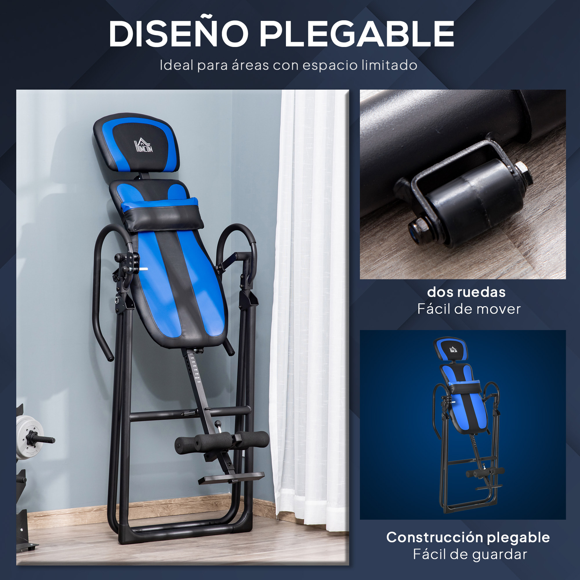 HOMCOM Tabla de Inversión Plegable con Ruedas, Altura Ajustable 140-203 cm, Banco de Inversión con Cinturón de Seguridad y Soporte de Lumbar, para Aliviar Espalda y Mejorar la Circulación