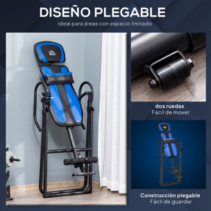 HOMCOM Tabla de Inversión Plegable con Ruedas, Altura Ajustable 140-203 cm, Banco de Inversión con Cinturón de Seguridad y Soporte de Lumbar, para Aliviar Espalda y Mejorar la Circulación