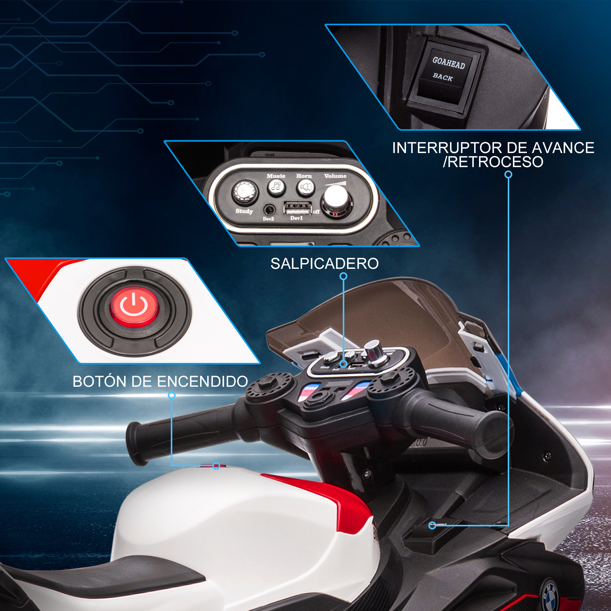 Moto Eléctrica BMW HP4 para Niños de +18 Meses Motocicleta de Batería 6V con Música USB Velocidad 2,5 km/h Avance y Retroceso Carga 30 kg 82,5x42x54 cm Rojo