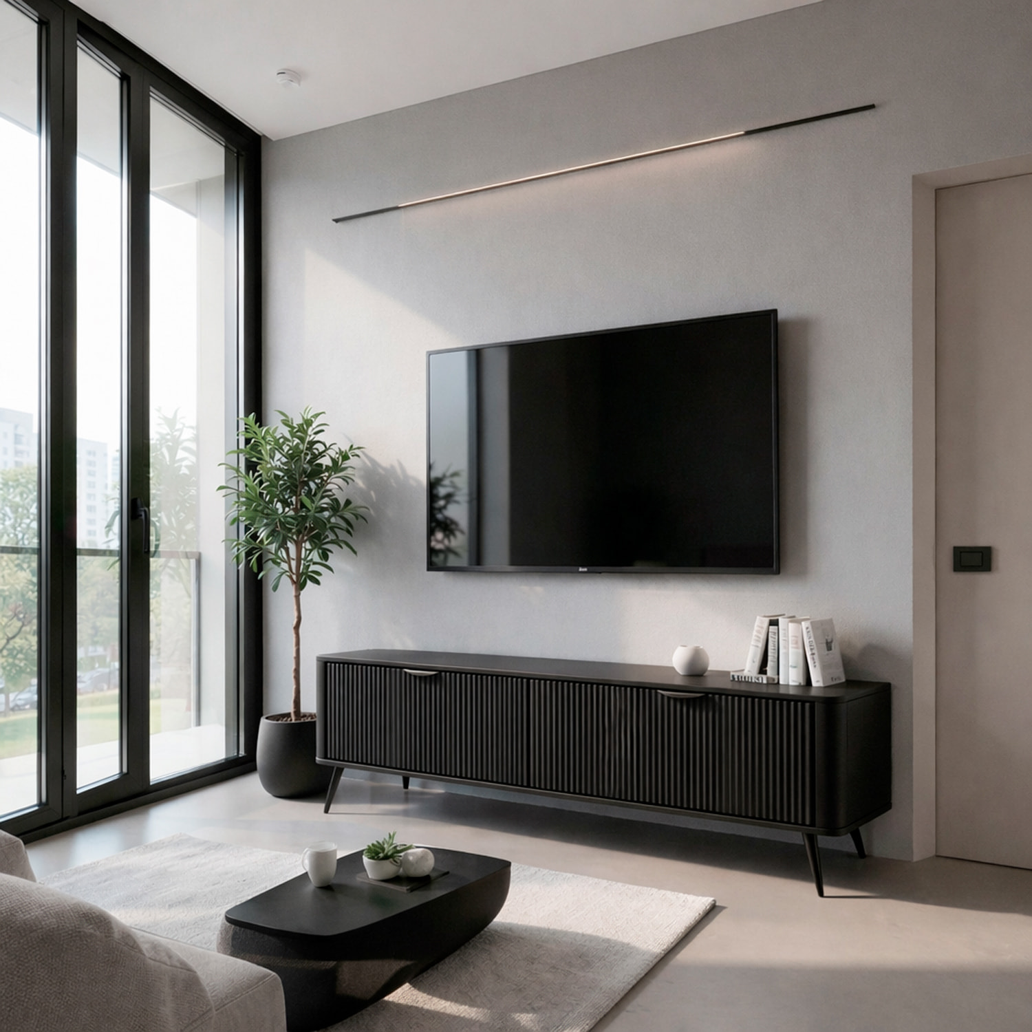 Mobile Porta TV Moderno Con 2 Ante a Ribalta Cannettate Mobiletto Contenitore Design Moderno Soggiorno Salotto Living Home 163.2 x 38 x 51.2 Cm Nero