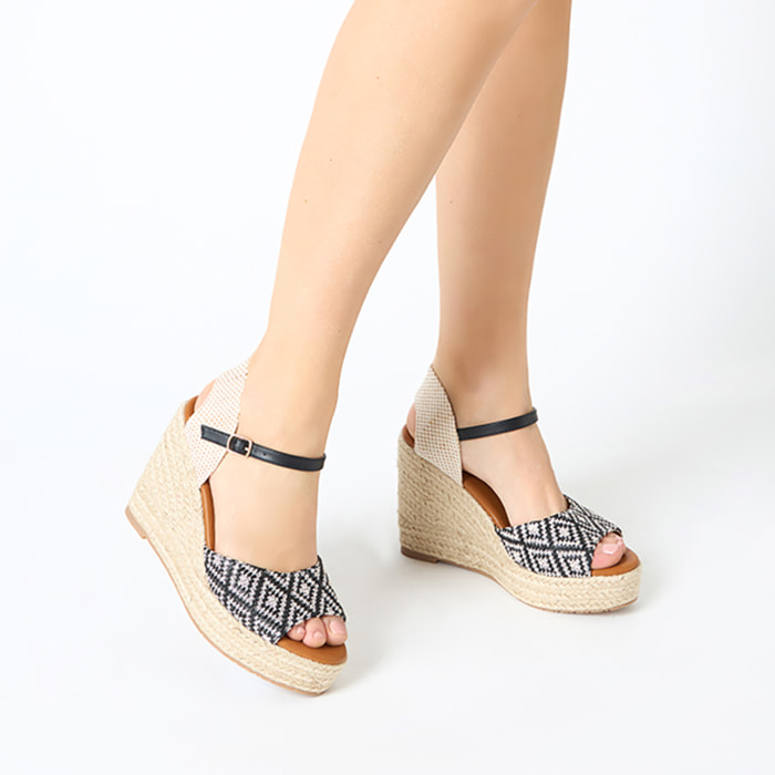 Zeppe donna nere panna in raffia