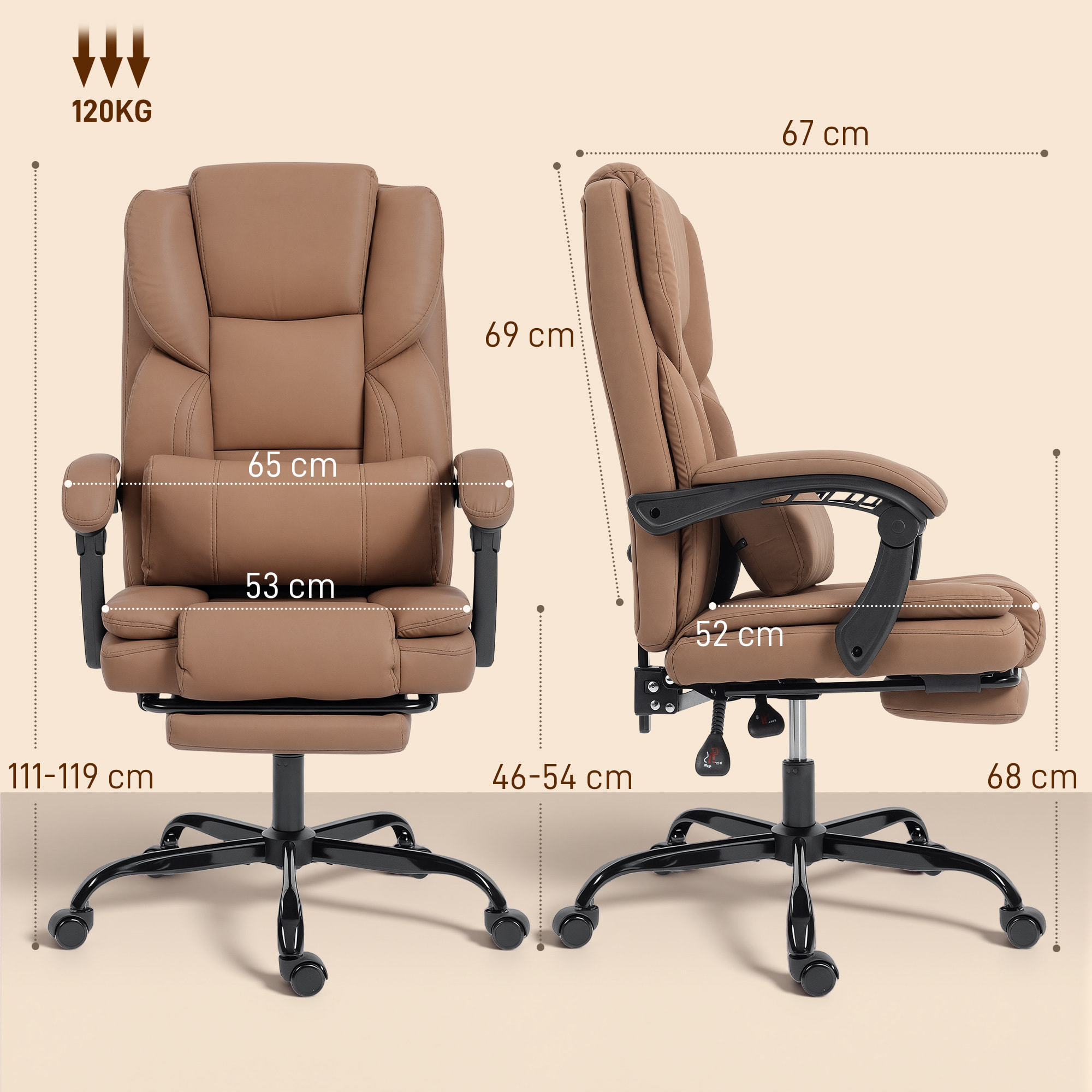 Fauteuil de bureau manager inclinable repose-pieds marron clair