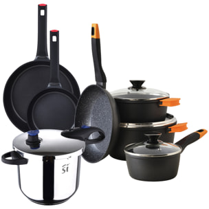 Set de 7pc batería de cocina en alu forjado+ 2 sartenes ø20ø28 inducción + olla a presión 9l acero inox san ignacio