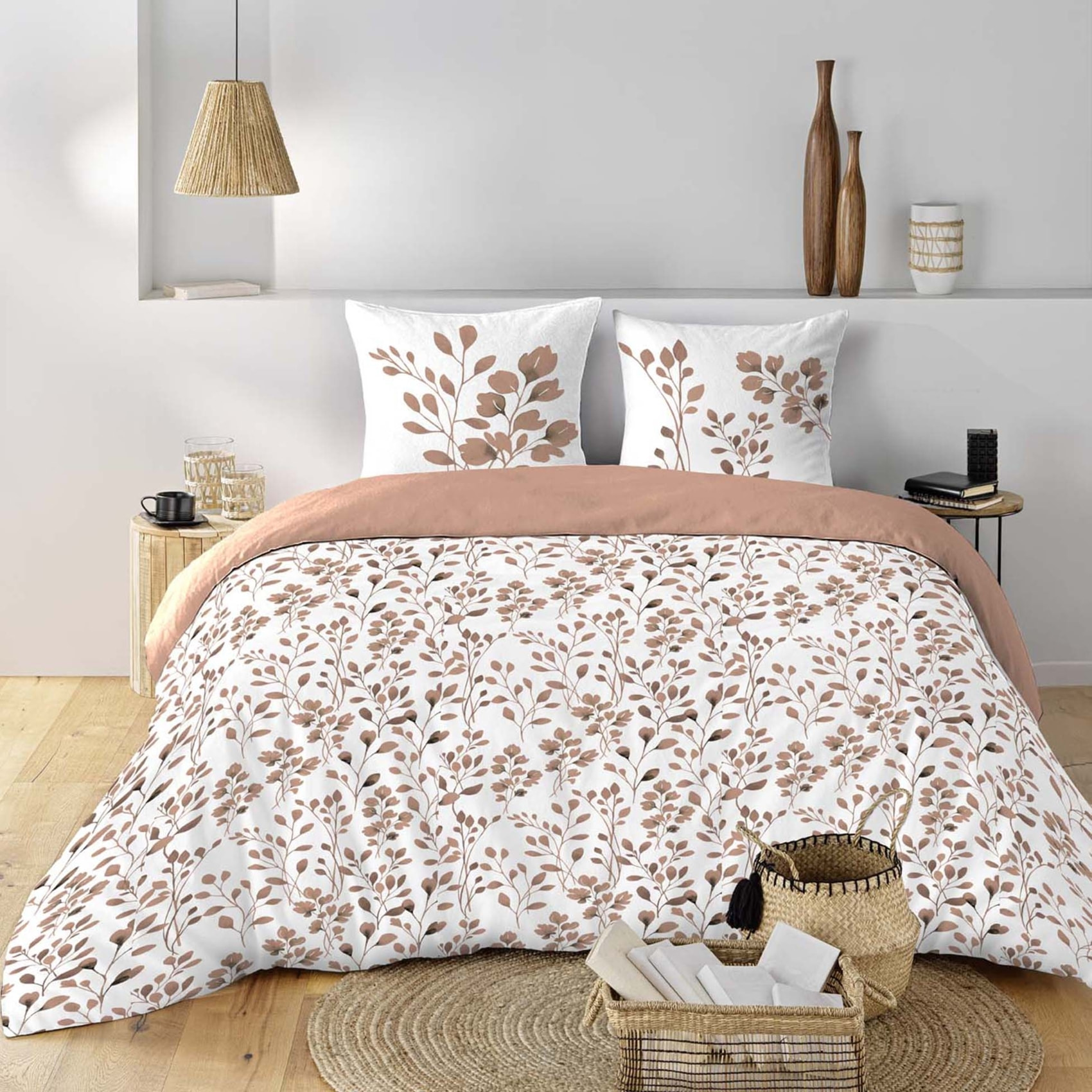 Parure de lit 3 pièces en coton à motif feuillage housse + taies - Rose