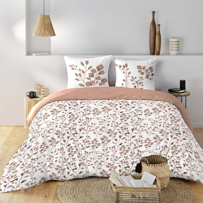 Parure de lit 3 pièces en coton à motif feuillage housse + taies - Rose