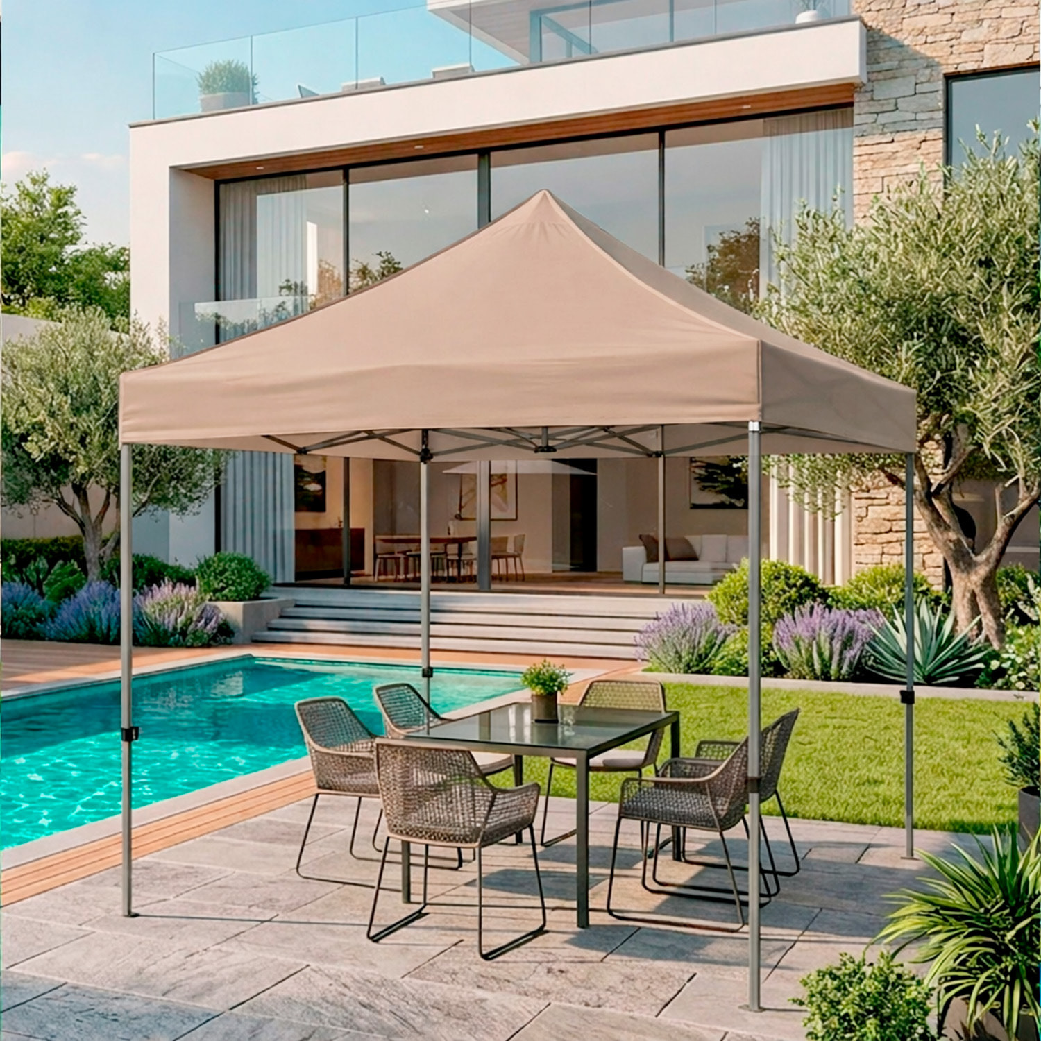 Gazebo Professionale 3x3 M Richiudibile Automatico In Acciaio Con Telo Oxford 1200D PVC Impermeabile e Anti UV A Fisarmonica con Sacche Tortora