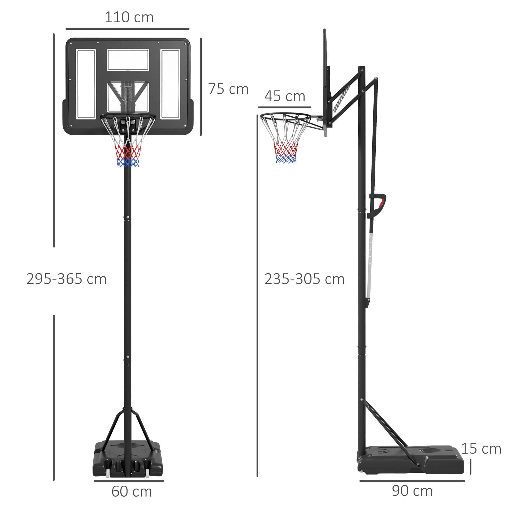 Panier de basket sur pied hauteur réglable 2,35-3,05 m - roulettes, base de lestage - acier PE noir