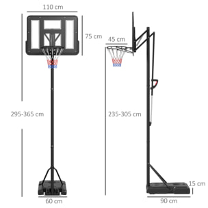 Panier de basket sur pied hauteur réglable 2,35-3,05 m - roulettes, base de lestage - acier PE noir