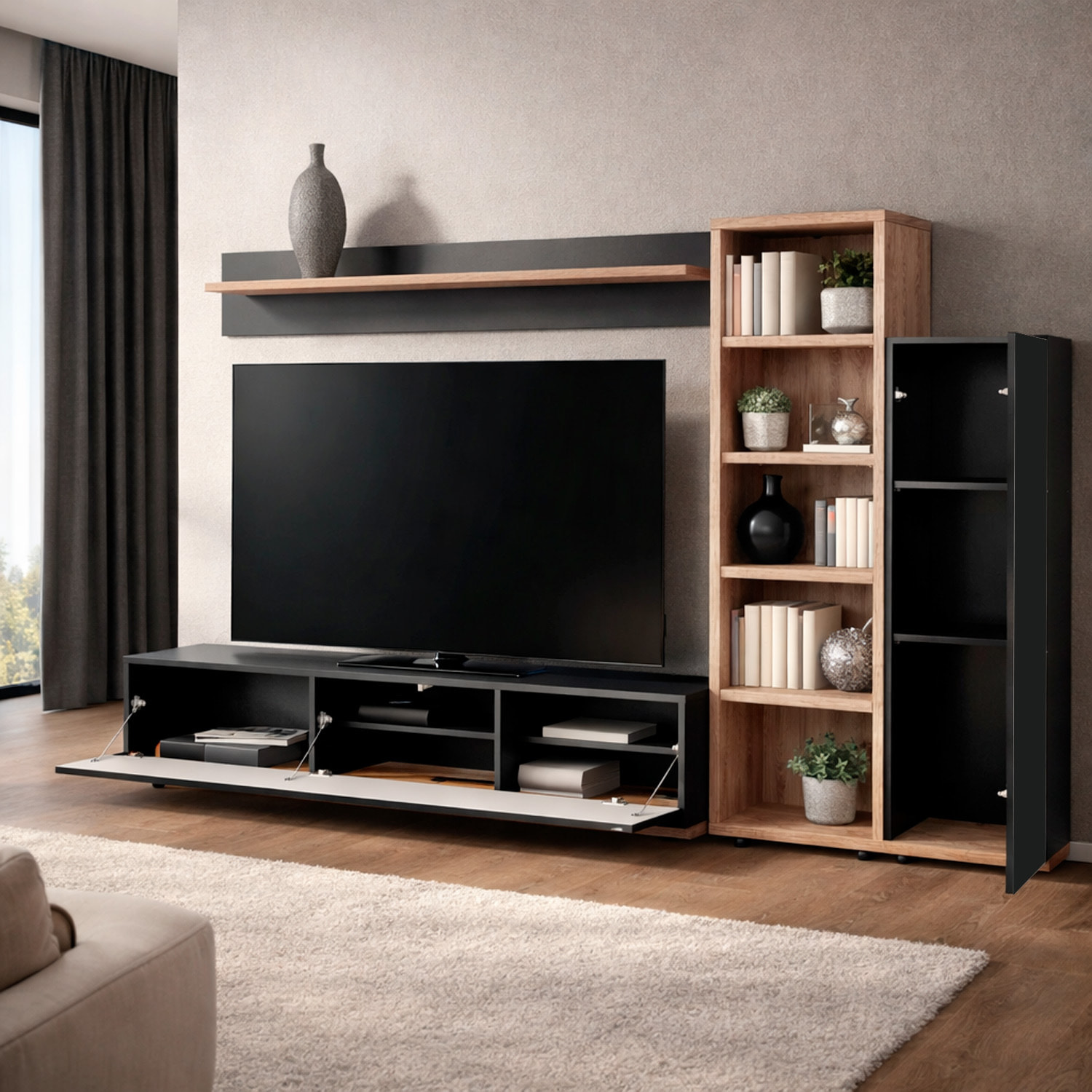 Parete Attrezzata Mobile TV Libreria Armadio Mensola Vani Multifunzione Design Contemporaneo Living Arredo Casa 240 x 40 x 127 Cm Antracite E Rovere